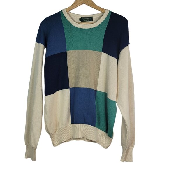 Greenwich Grandpa Sweater Cream Green Large Square Long Sleeve Rib Pullover VTG - Picture 1 of 7